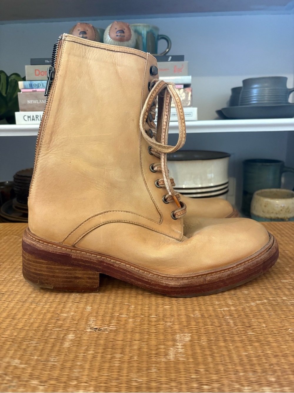 Free People Lace-Up Leather Ankle Boot in Light Tan